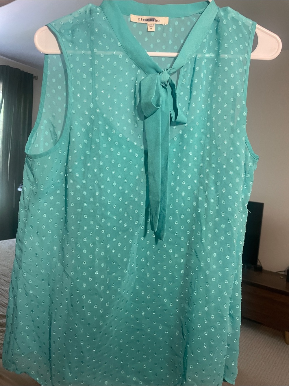 Black Rainn Teal Sleeveless Bow Tie Neck Polka Dot Blouse